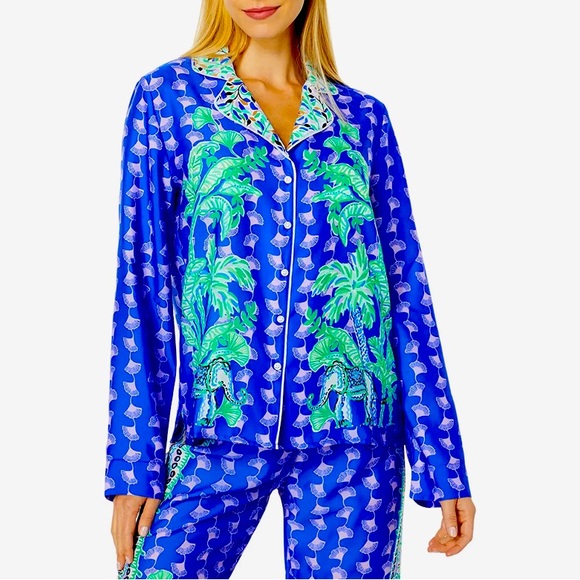 Lilly Pulitzer PJ Satin Long Sleeve Top Blue Grotto Fan Favorite Sz M - Picture 3 of 8